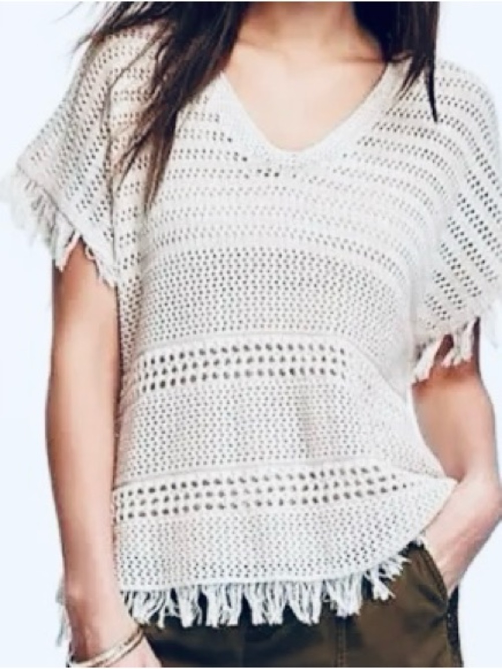 White Boho Crochet Fringe V-Neck Short Sleeve Poncho Top